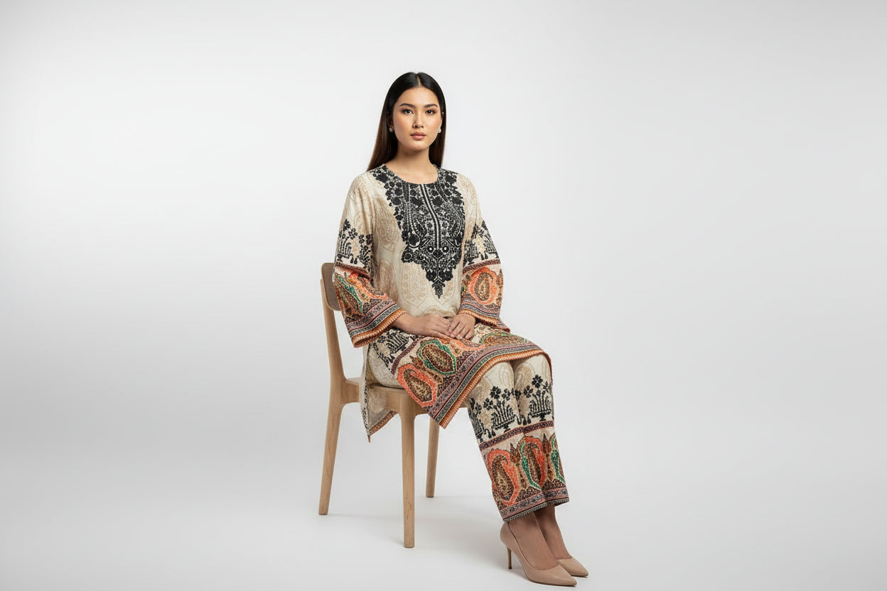 Woman sitting on a chair wearing a patterned outfit against a white background