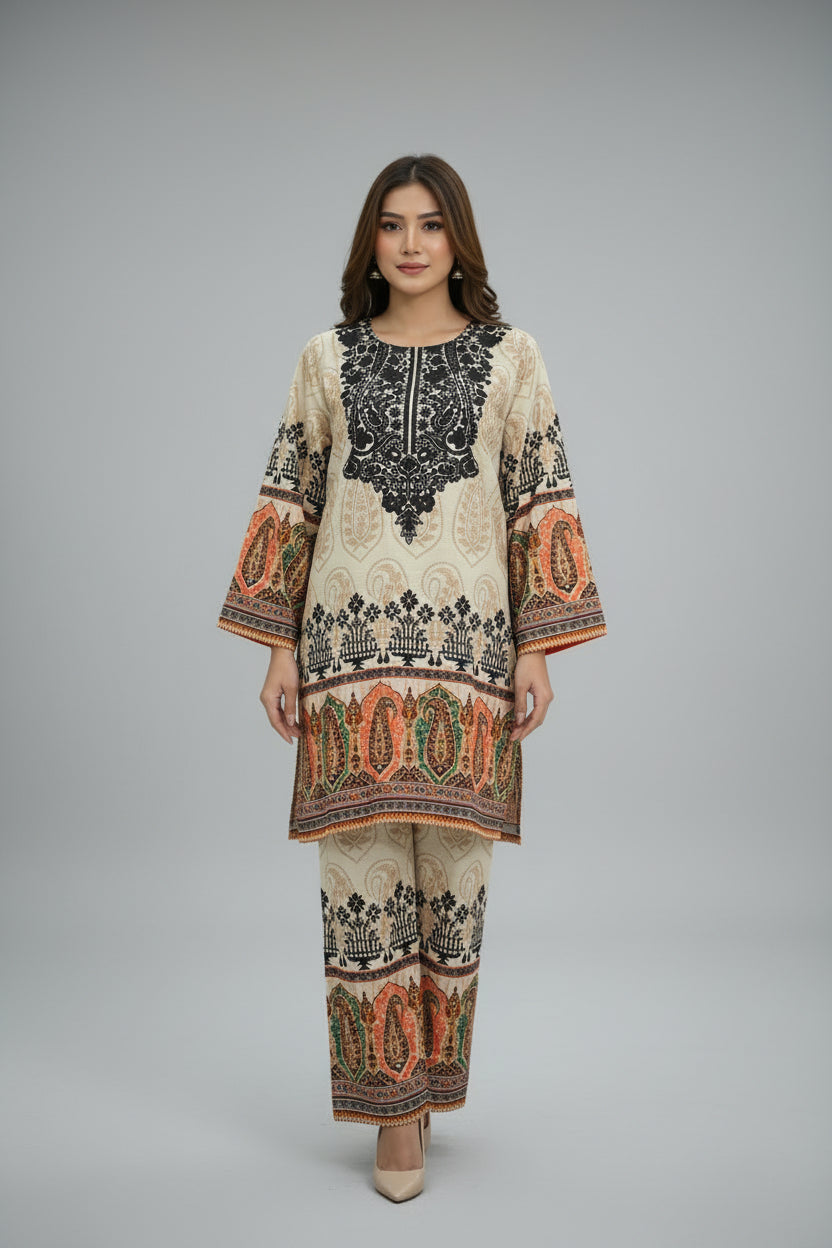 Mannequin wearing a patterned dress with a floral arrangement on a white surface.