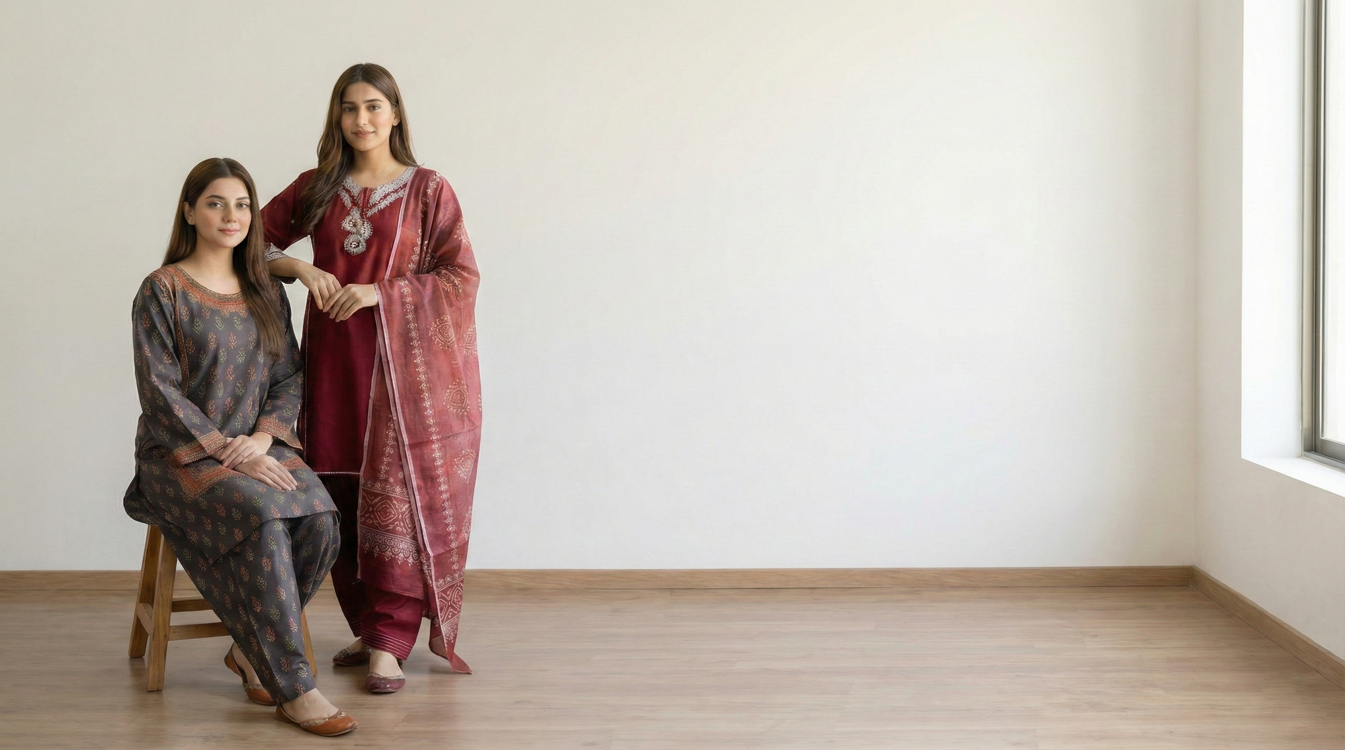 Two Female Models wearing Kaif Niaz Boutique Suits